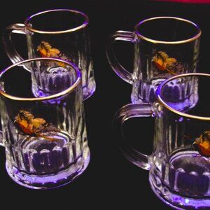 Vintage Lot of 6 Dema England Hand Painted Pheasant Glass Mugs